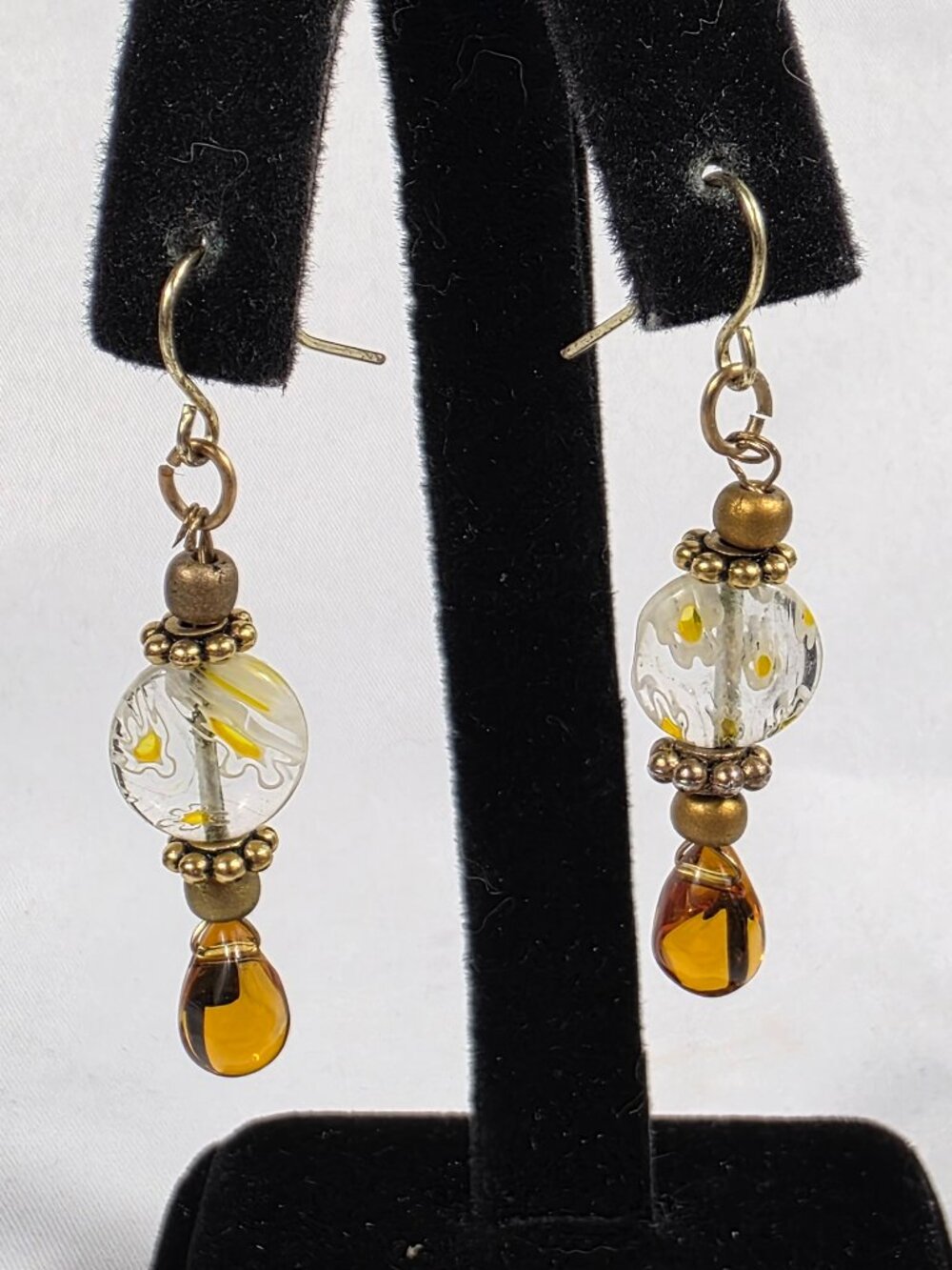 Dangle Earrings Yellow & White Lampwork Glass Beads Amber Teardrop Bead Accents